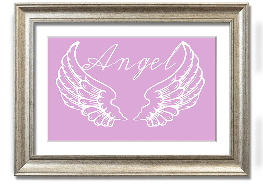 Framed print of delicate pink angel wings, handmade in the UK, ready to hang.