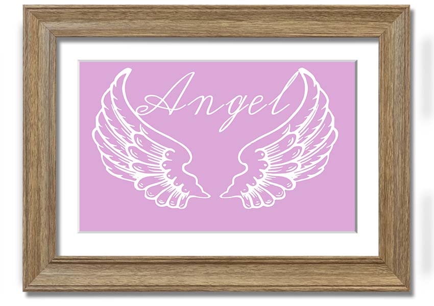 Framed print of delicate pink angel wings, handmade in the UK, ready to hang.