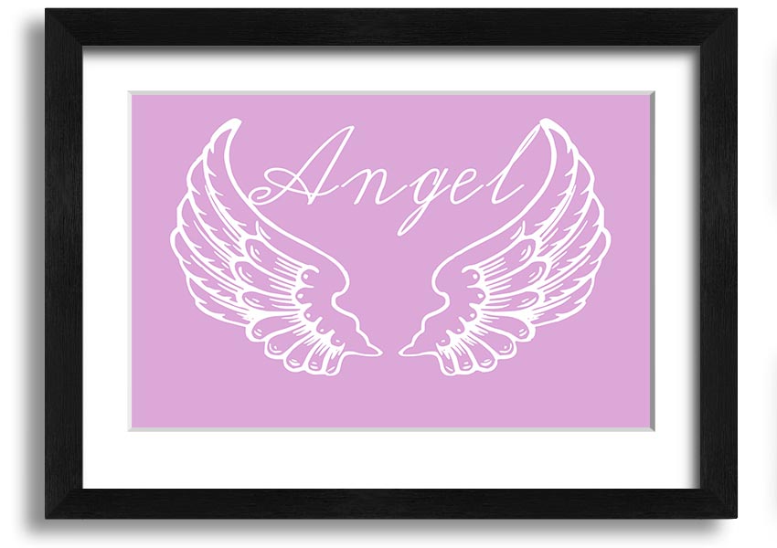 Framed print of delicate pink angel wings, handmade in the UK, ready to hang.