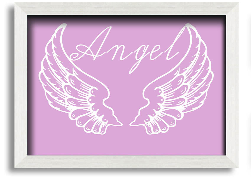 Framed print of delicate pink angel wings, handmade in the UK, ready to hang.