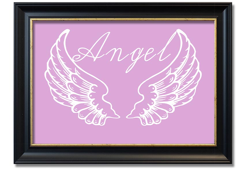 Framed print of delicate pink angel wings, handmade in the UK, ready to hang.