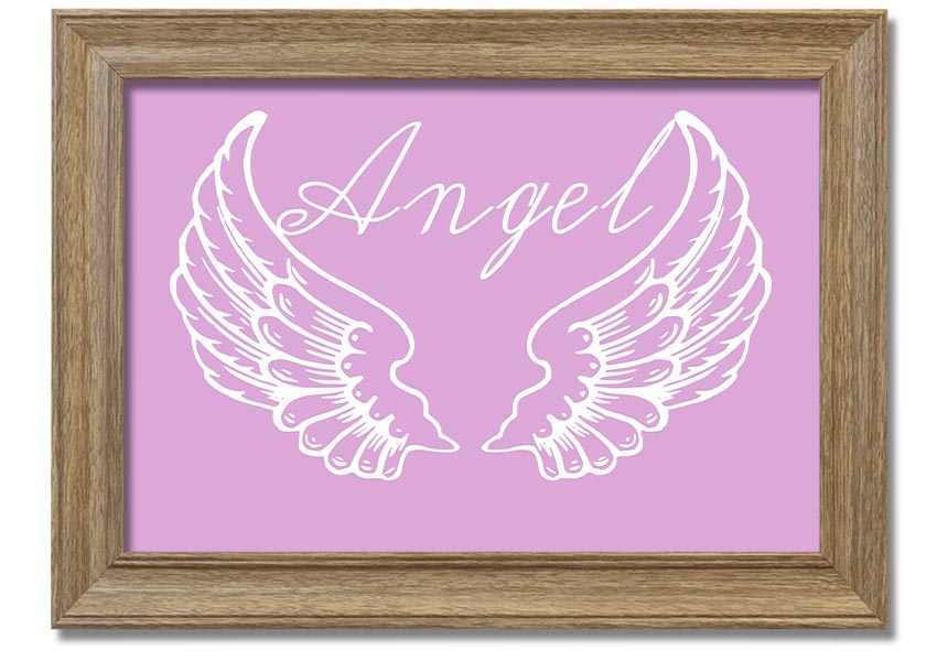 Framed print of delicate pink angel wings, handmade in the UK, ready to hang.