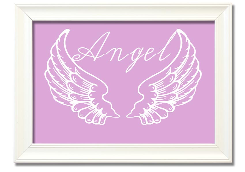 Framed print of delicate pink angel wings, handmade in the UK, ready to hang.