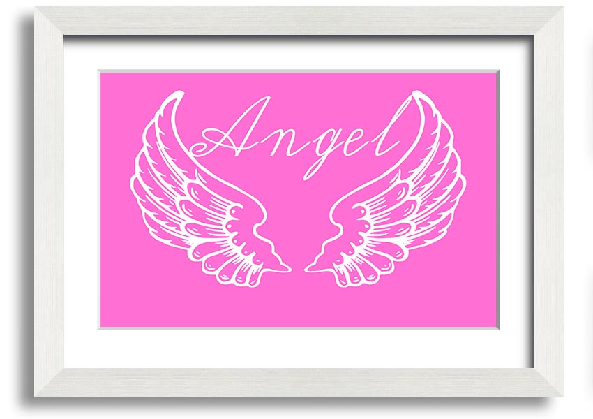 Framed print of Angel Wings in vivid pink, showcasing intricate details and vibrant colors, ready to hang.
