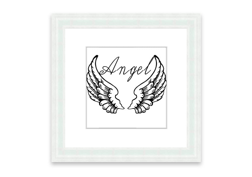 Framed print of angel wings in white, elegantly designed and ready to hang, showcasing craftsmanship from the UK.