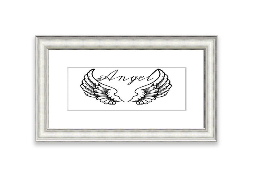 Framed print of angel wings in white, elegantly designed and ready to hang, showcasing craftsmanship from the UK.