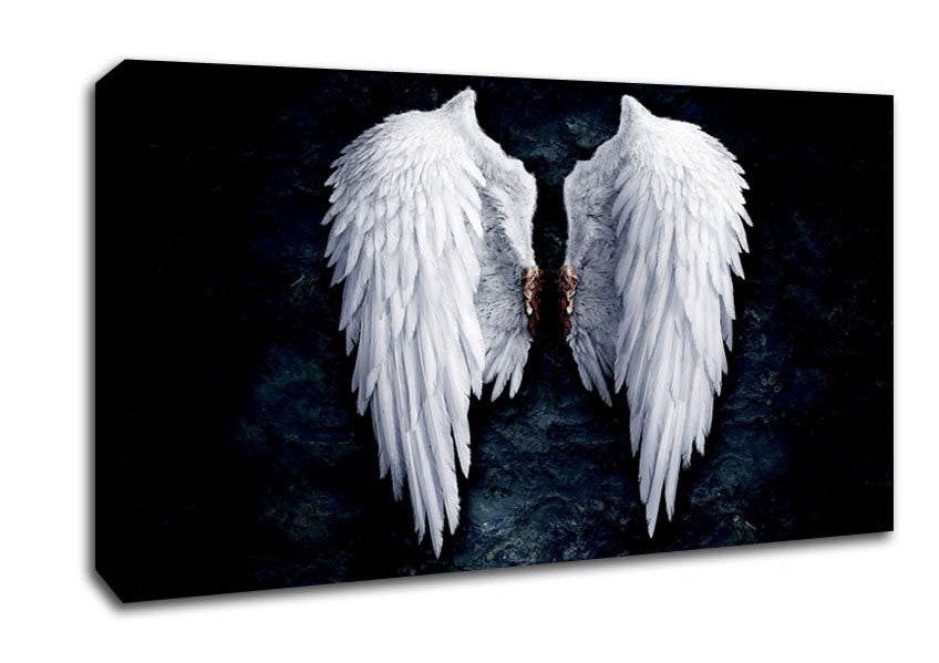 A beautifully printed canvas of angel wings mounted on a sturdy frame, ready to hang.
