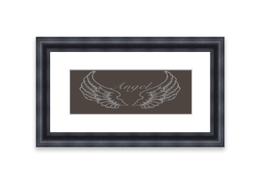 A beautifully framed Angel Wings Chocolate print showcasing delicate angel wings, available in various frame colors.