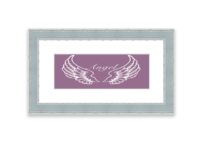 Framed print of delicate angel wings in dusty pink, showcasing elegant design and craftsmanship.