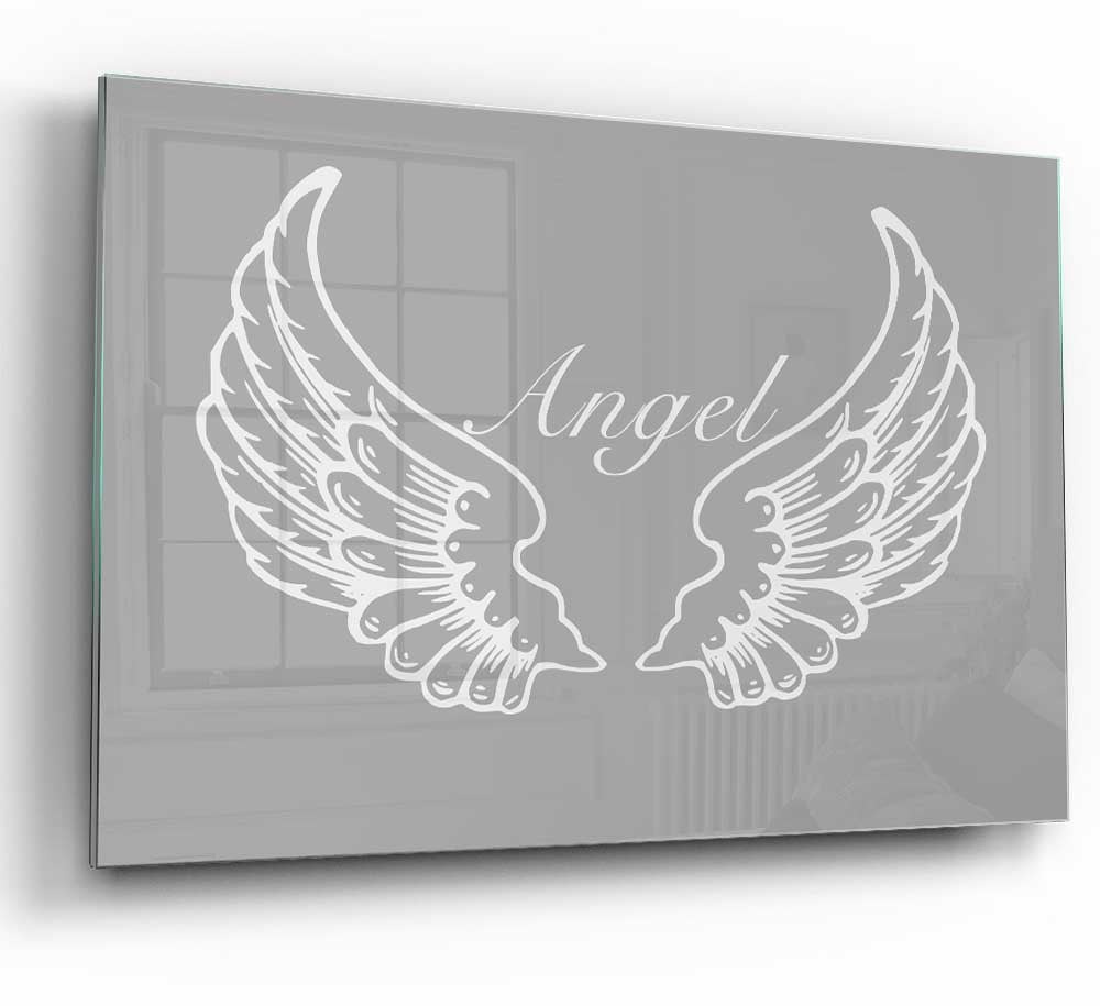 Angel Wings Grey White glass print featuring elegant wings design in grey and white colors, perfect for modern home decor.
