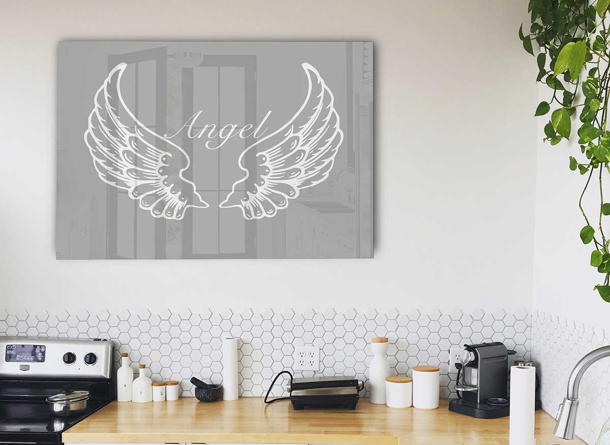 Angel Wings Grey White glass print featuring elegant wings design in grey and white colors, perfect for modern home decor.