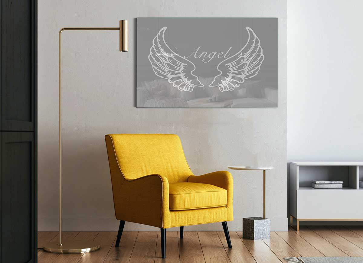 Angel Wings Grey White glass print featuring elegant wings design in grey and white colors, perfect for modern home decor.