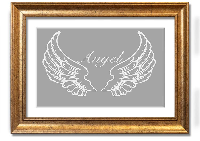 Framed print of angel wings in grey and white, showcasing elegant design and multiple frame color options.