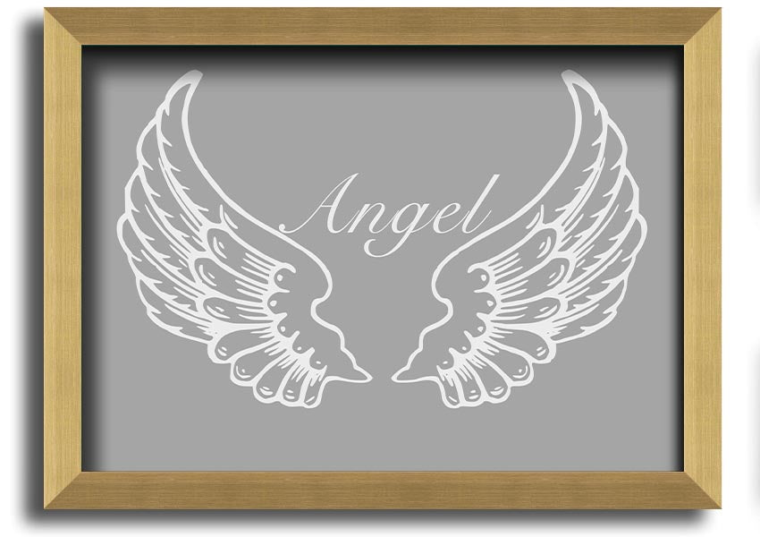 Framed print of angel wings in grey and white, showcasing elegant design and multiple frame color options.