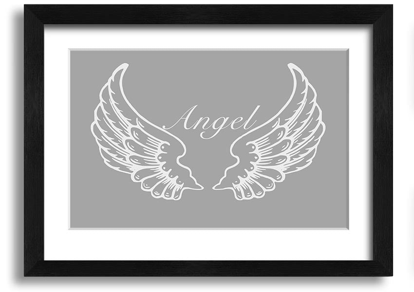 Framed print of angel wings in grey and white, showcasing elegant design and multiple frame color options.