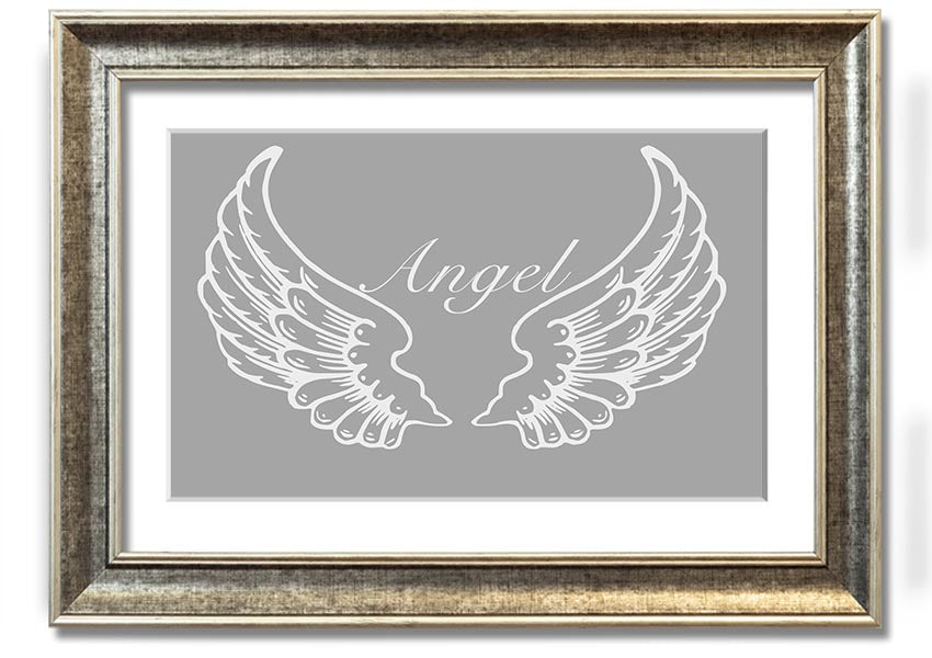 Framed print of angel wings in grey and white, showcasing elegant design and multiple frame color options.