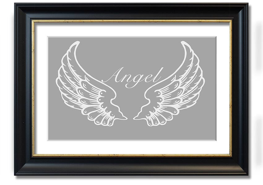 Framed print of angel wings in grey and white, showcasing elegant design and multiple frame color options.