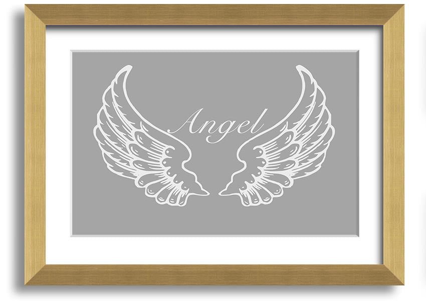 Framed print of angel wings in grey and white, showcasing elegant design and multiple frame color options.
