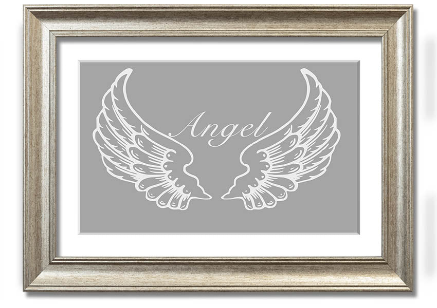 Framed print of angel wings in grey and white, showcasing elegant design and multiple frame color options.