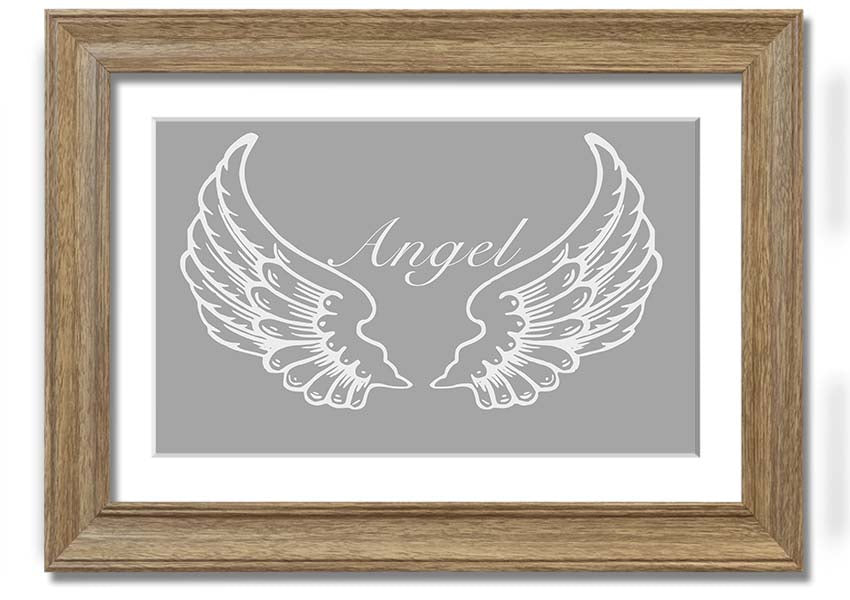 Framed print of angel wings in grey and white, showcasing elegant design and multiple frame color options.