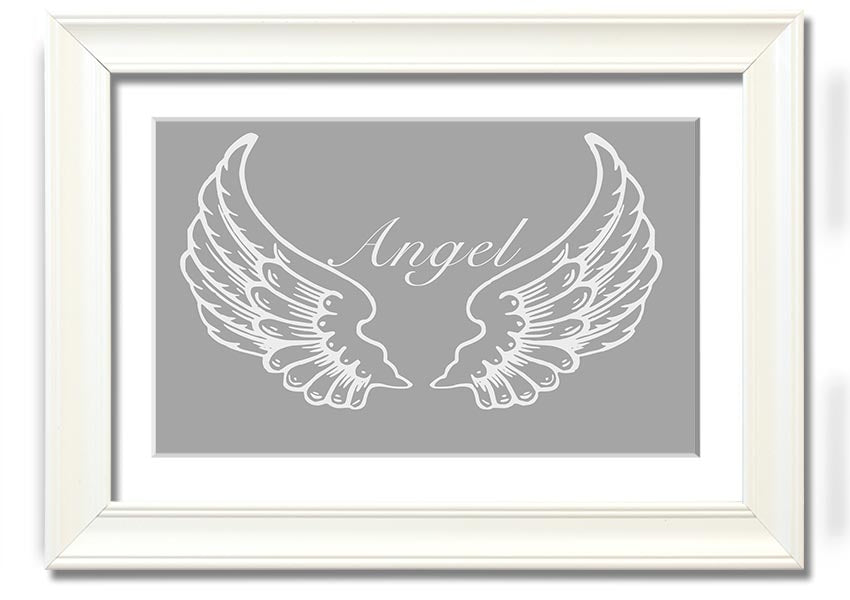 Framed print of angel wings in grey and white, showcasing elegant design and multiple frame color options.
