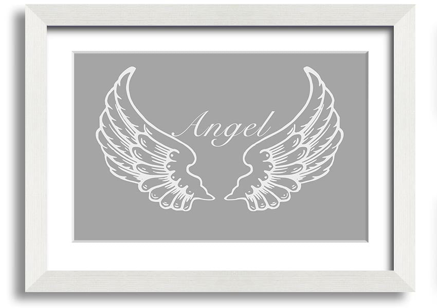 Framed print of angel wings in grey and white, showcasing elegant design and multiple frame color options.