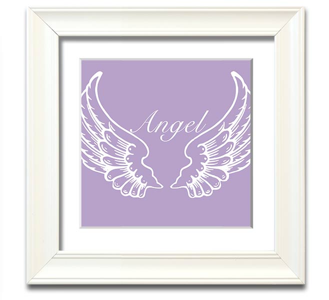 A square framed print featuring delicate lilac angel wings, elegantly displayed in a stylish frame.
