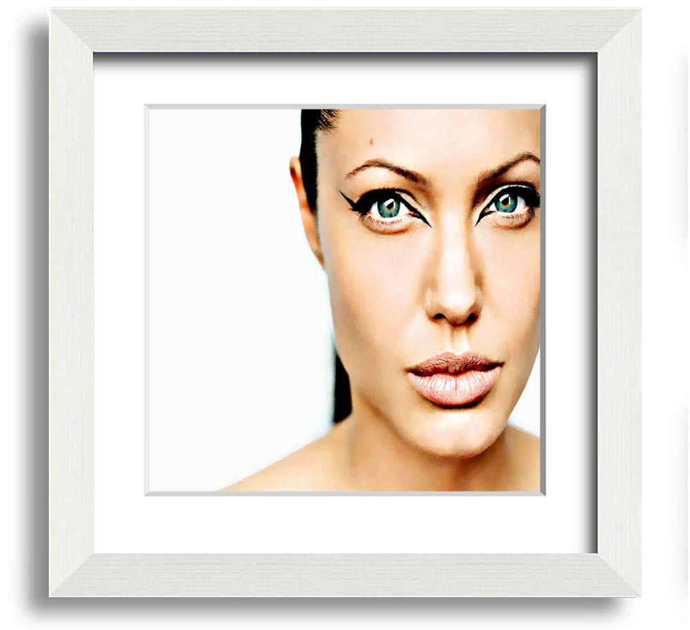 Angelina Jolie Cat Eyes Square Framed Print in a stylish frame, showcasing her captivating gaze.