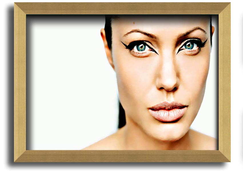 Framed print of Angelina Jolie with cat eyes, showcasing her iconic beauty in a stylish frame.