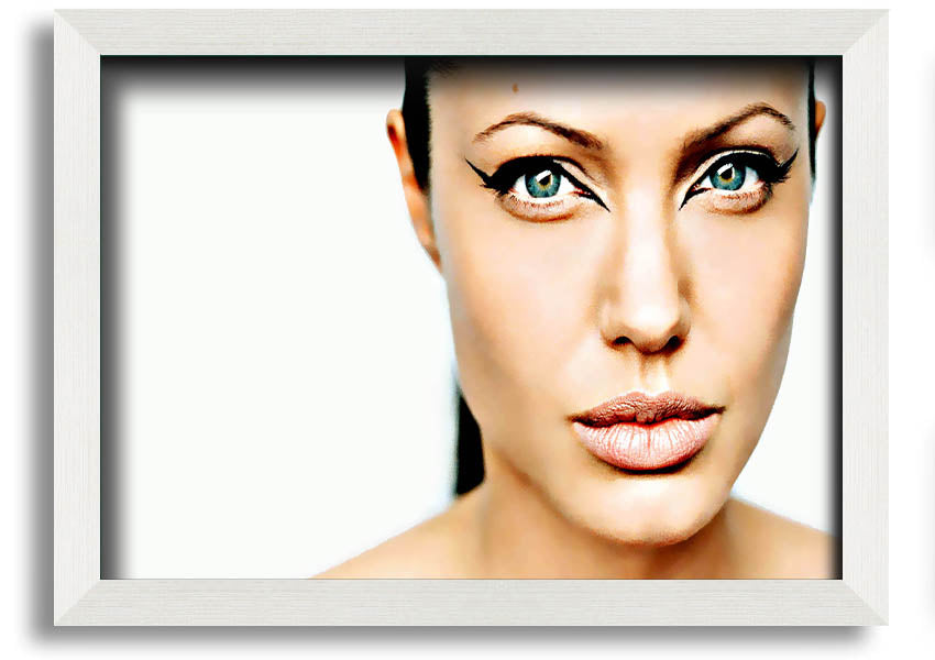 Framed print of Angelina Jolie with cat eyes, showcasing her iconic beauty in a stylish frame.