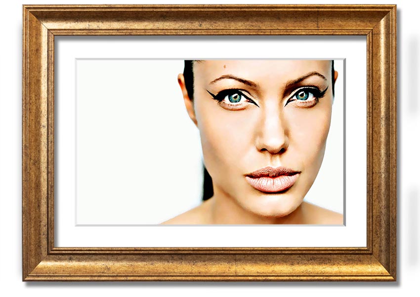 Framed print of Angelina Jolie with cat eyes, showcasing her iconic beauty in a stylish frame.