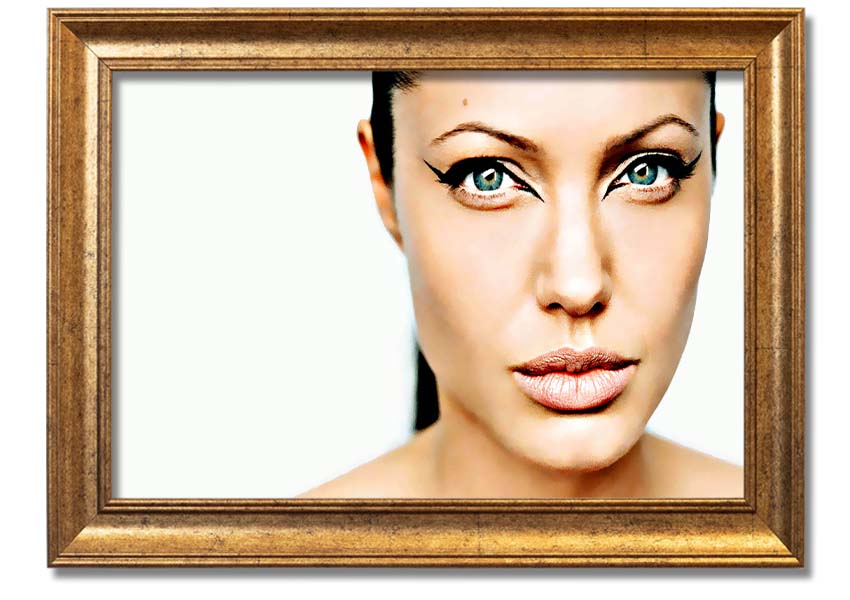 Framed print of Angelina Jolie with cat eyes, showcasing her iconic beauty in a stylish frame.