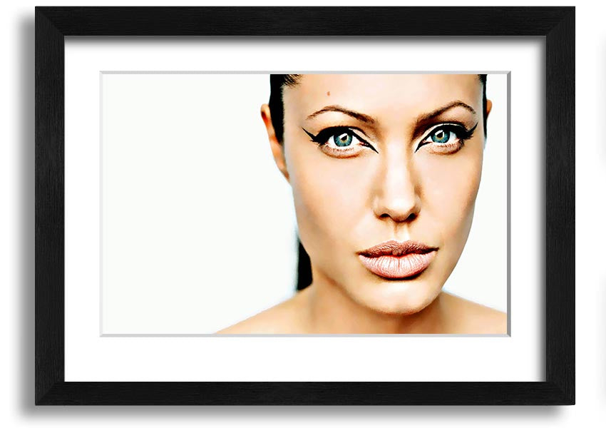 Framed print of Angelina Jolie with cat eyes, showcasing her iconic beauty in a stylish frame.