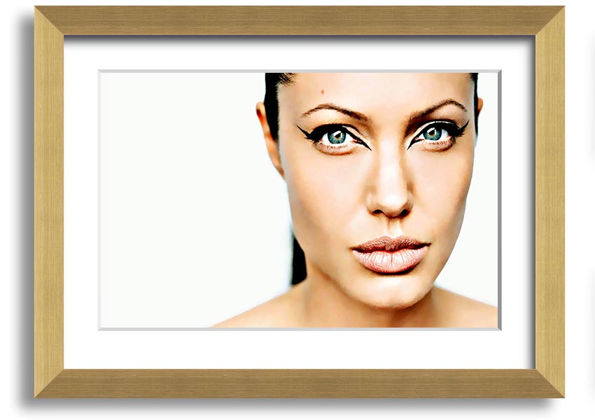 Framed print of Angelina Jolie with cat eyes, showcasing her iconic beauty in a stylish frame.