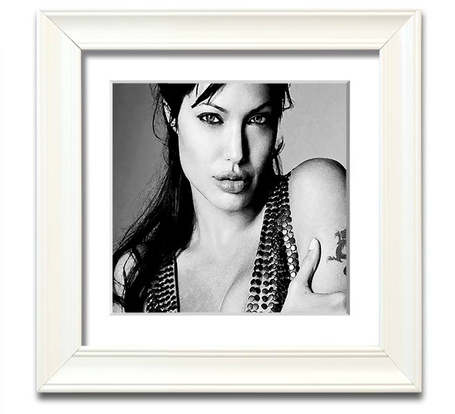 Angelina Jolie Dragon Tattoo Square Framed Print in various frame colors, ready to hang.