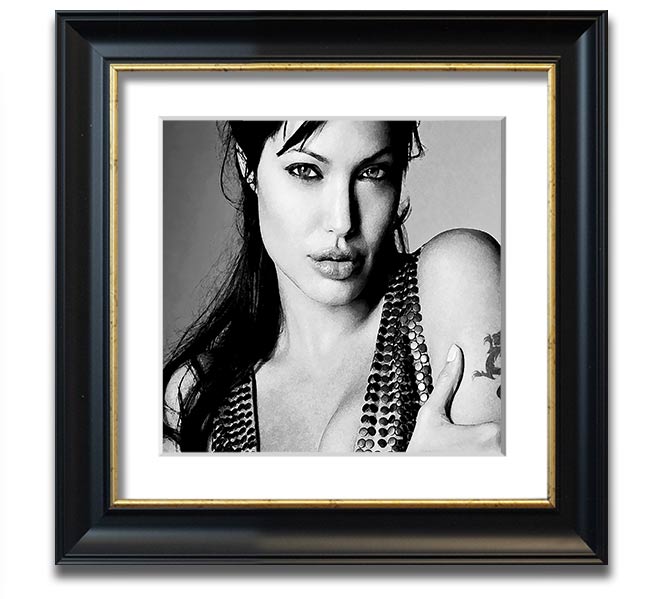 Angelina Jolie Dragon Tattoo Square Framed Print in various frame colors, ready to hang.