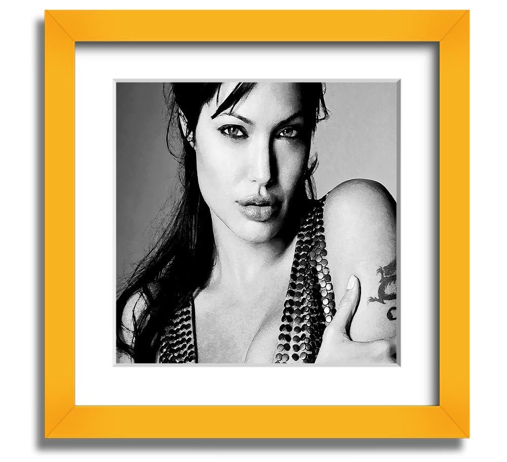 Angelina Jolie Dragon Tattoo Square Framed Print in various frame colors, ready to hang.