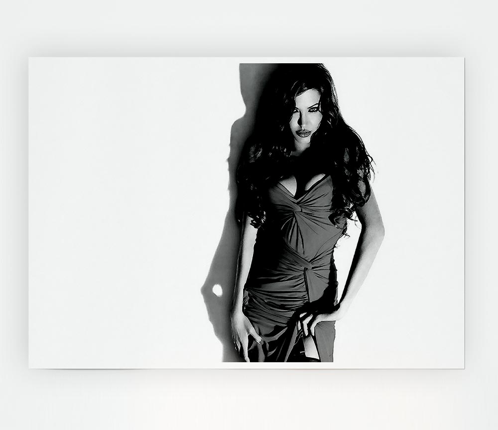 A high-quality canvas print of Angelina Jolie in a stunning black and white dress, showcasing elegance and charm.