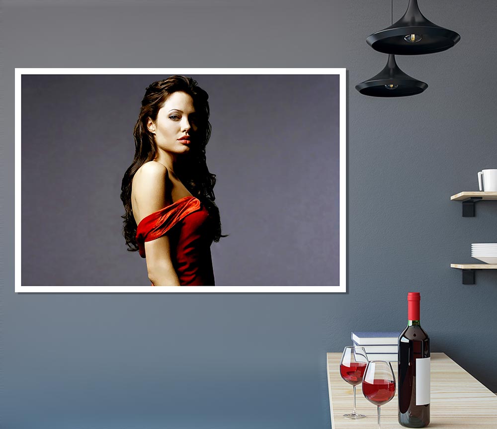 Angelina Jolie in a stunning red dress, printed on high-quality canvas, perfect for display.