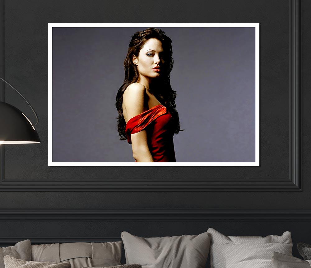 Angelina Jolie in a stunning red dress, printed on high-quality canvas, perfect for display.