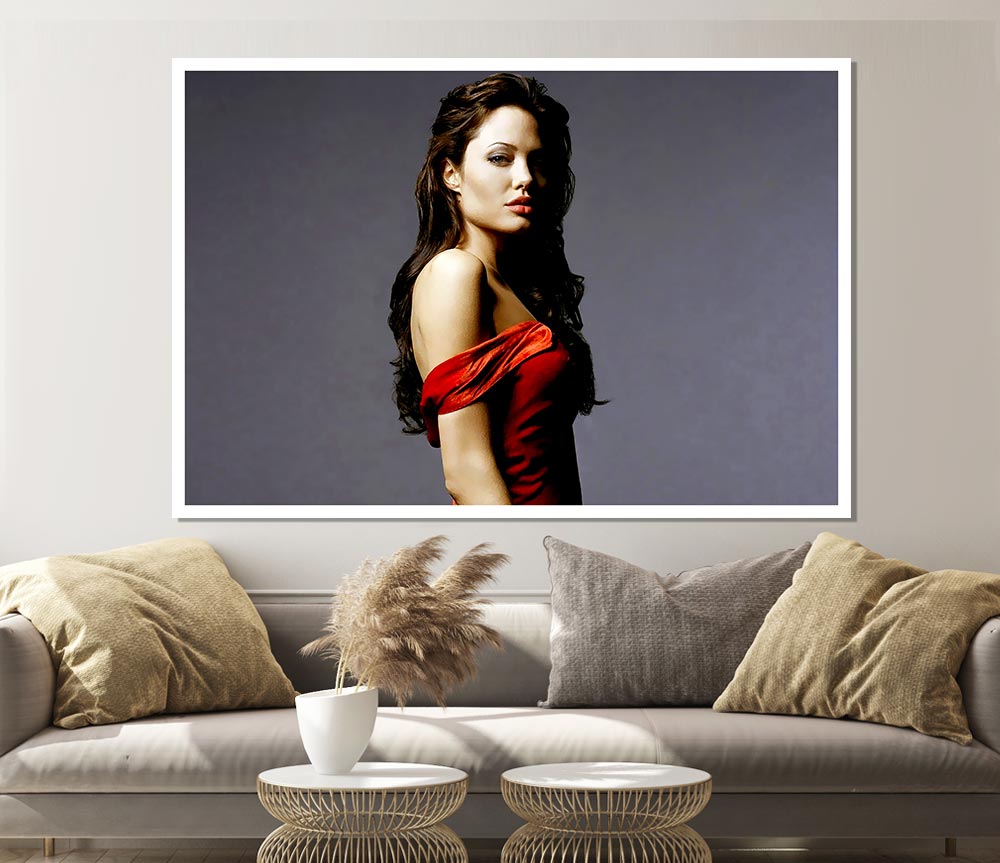 Angelina Jolie in a stunning red dress, printed on high-quality canvas, perfect for display.