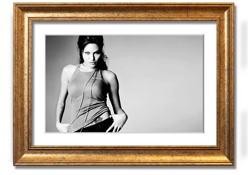 Framed black and white print of Angelina Jolie, showcasing her elegance and beauty, available in various frame colors.