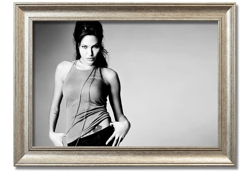 Framed black and white print of Angelina Jolie, showcasing her elegance and beauty, available in various frame colors.