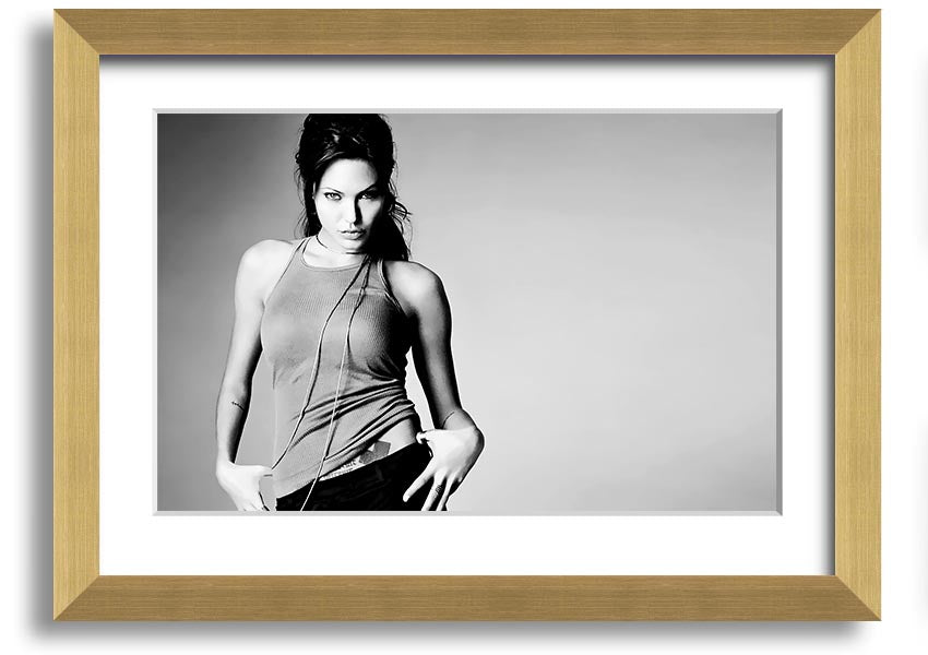 Framed black and white print of Angelina Jolie, showcasing her elegance and beauty, available in various frame colors.