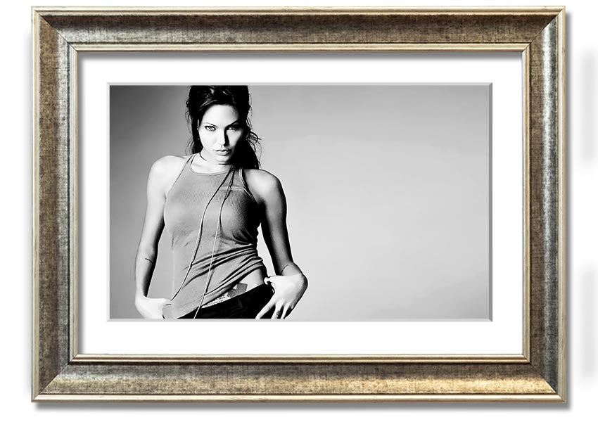 Framed black and white print of Angelina Jolie, showcasing her elegance and beauty, available in various frame colors.