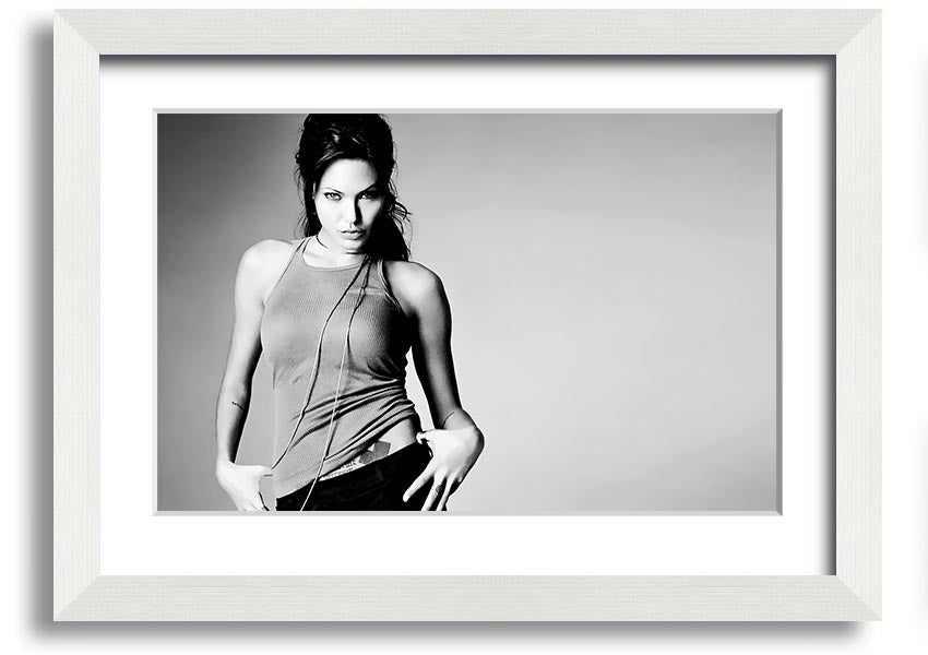 Framed black and white print of Angelina Jolie, showcasing her elegance and beauty, available in various frame colors.