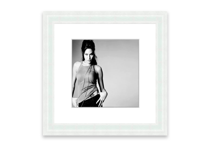 Framed print of Angelina Jolie in a sexy black and white style, showcasing elegance and artistry.