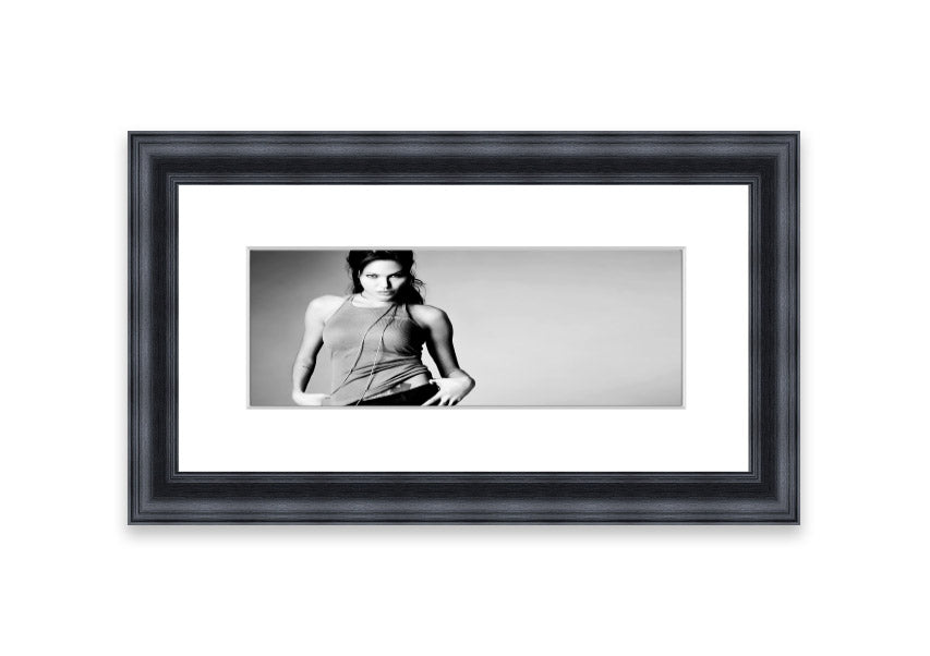 Framed print of Angelina Jolie in a sexy black and white style, showcasing elegance and artistry.