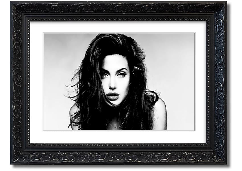 Framed print of Angelina Jolie with a sexy stare, showcasing her captivating gaze and elegant framing.