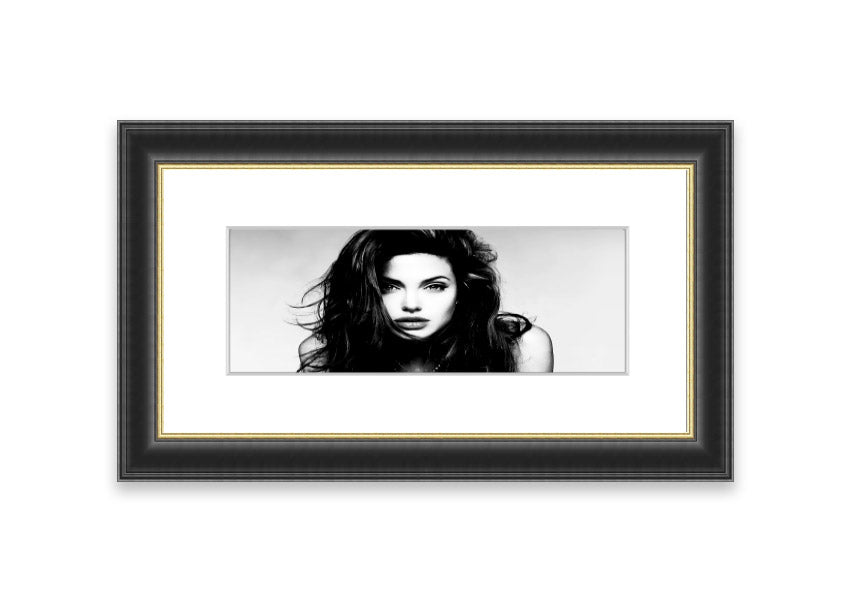 Framed print of Angelina Jolie with a sexy stare, available in various frame colors, handmade in the UK.